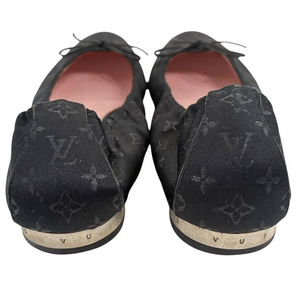 Louis Vuitton Black Logo Satin Ballet Flats Monogram Bow Ballerina EU 37 Slip On